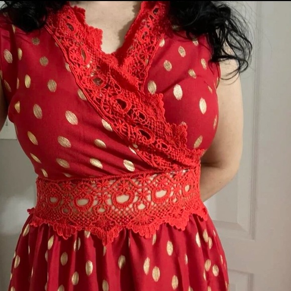 Boho Sheer Lace Panel Tiered Ruffle Red Gold Maxi Dress - Picture 6 of 8